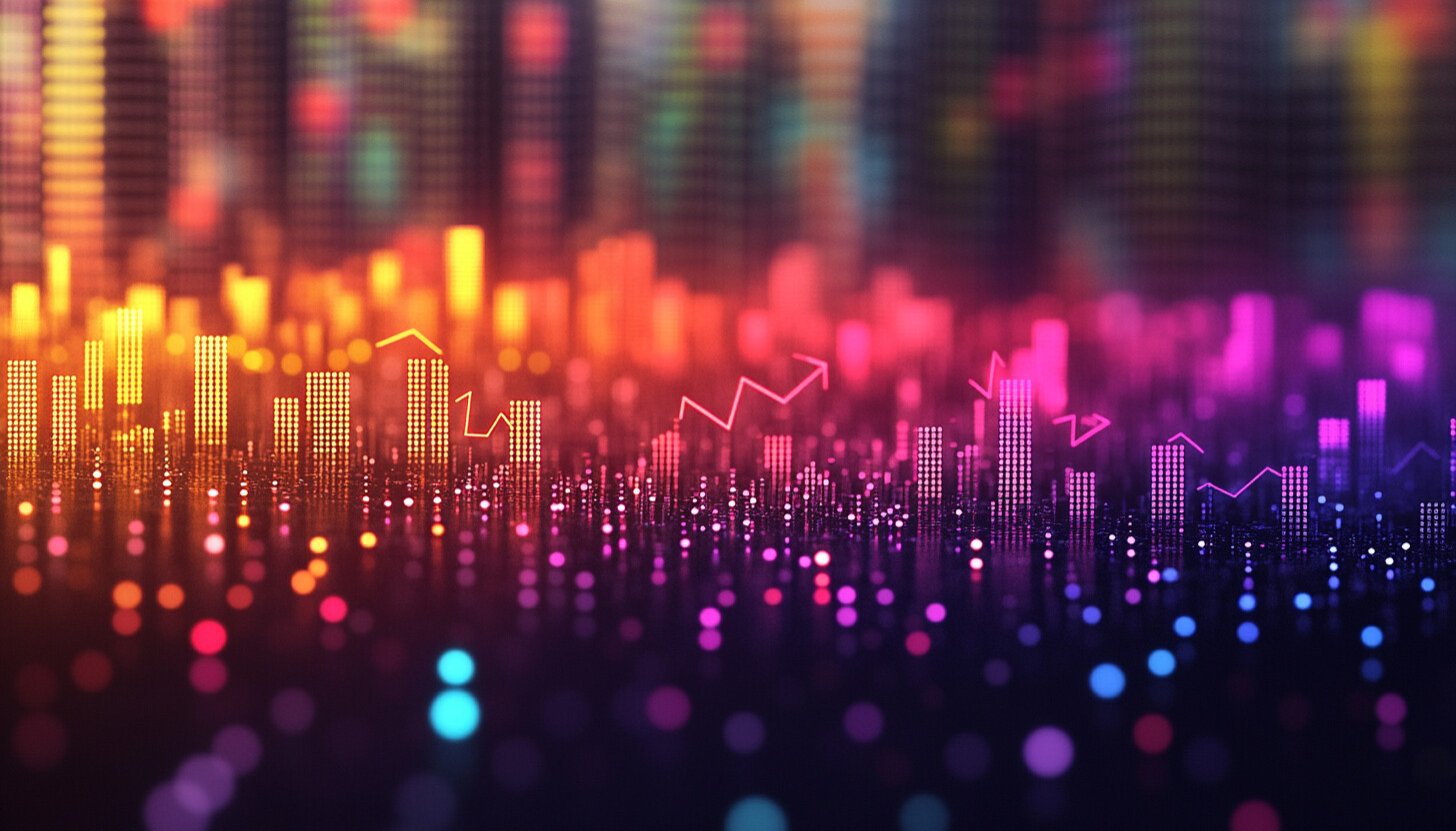 A dynamic and colorful illustration showcasing a digital representation of stock market fluctuations with arrows indicating downward trends, highlighting the tech selloff.