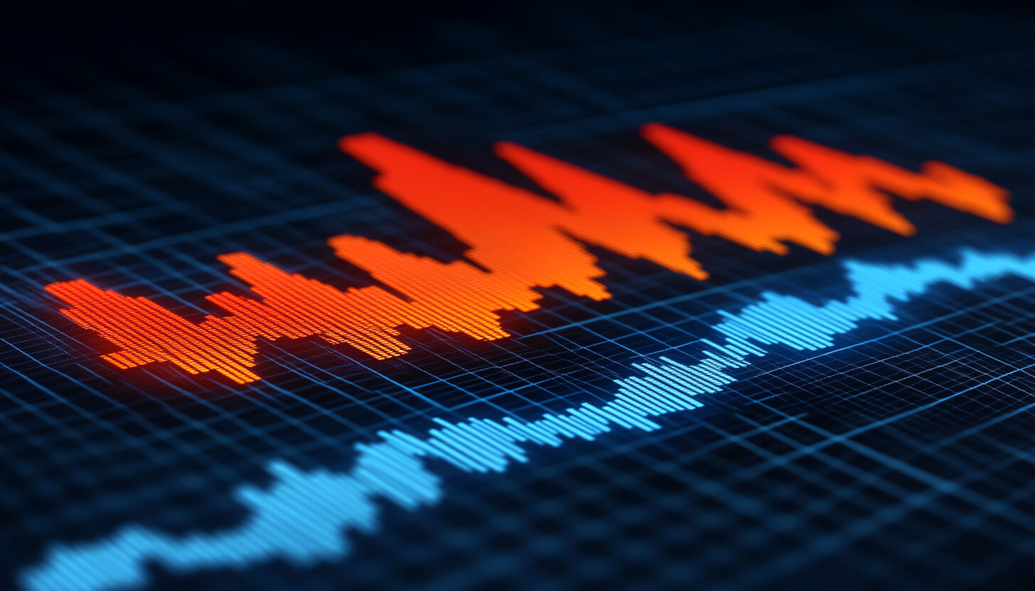 A dynamic and colorful illustration showcasing a digital representation of stock market fluctuations with arrows indicating downward trends, highlighting the tech selloff.