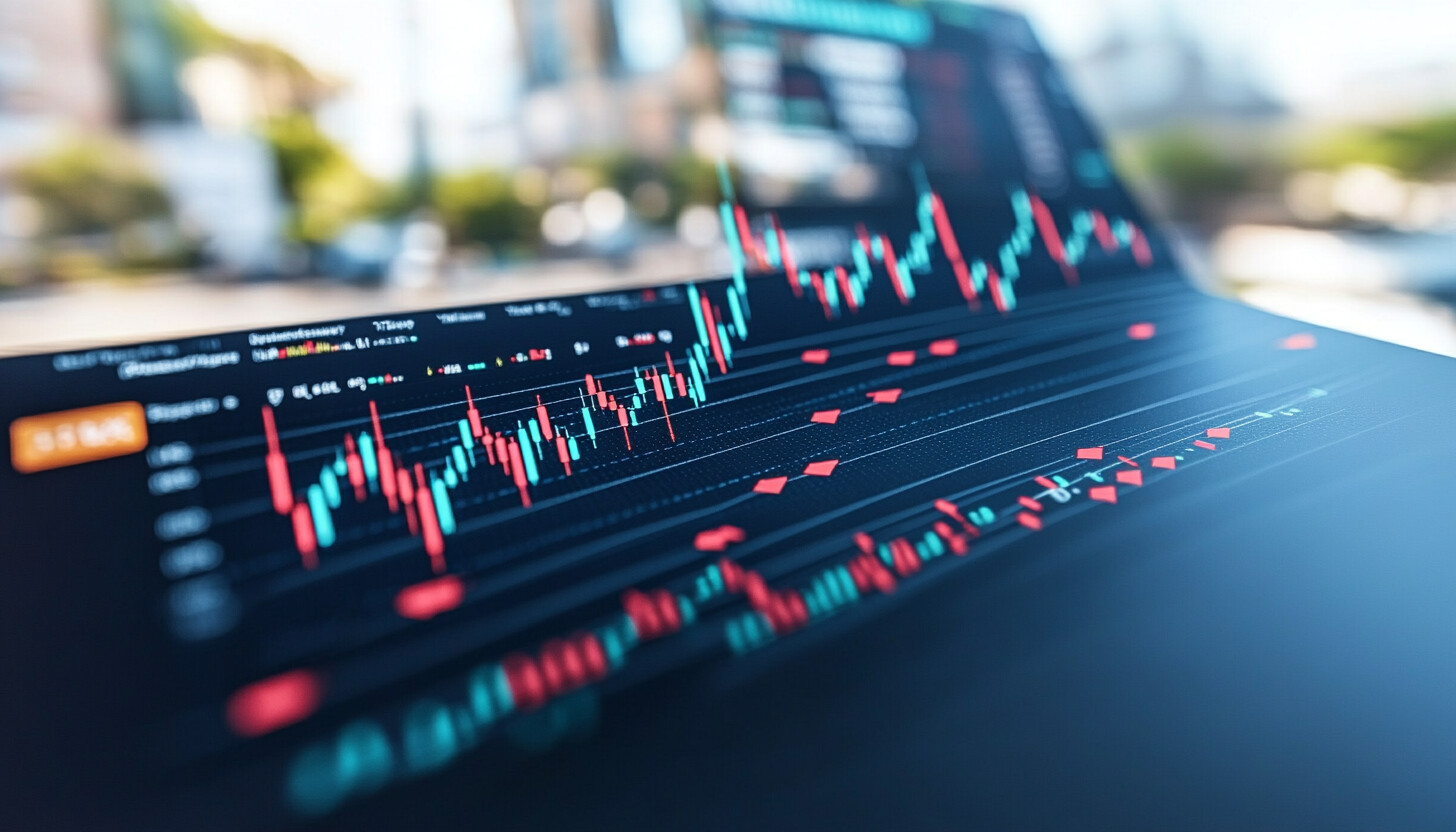 A dynamic and colorful illustration showcasing a digital representation of stock market fluctuations with arrows indicating downward trends, highlighting the tech selloff.