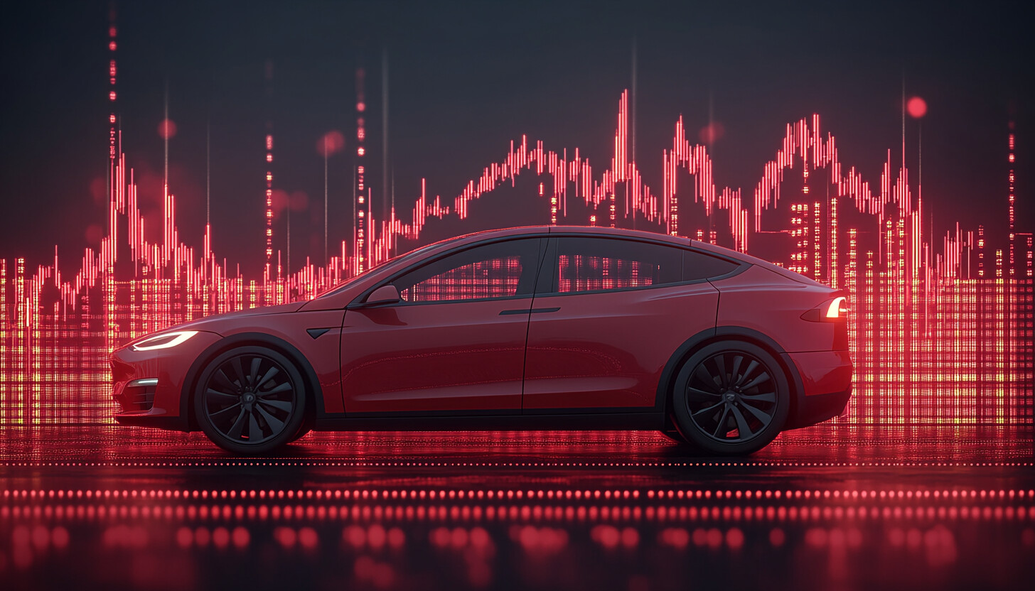 A visually appealing graph showing Tesla's stock price fluctuations with highlighted support and resistance levels, set against a backdrop of dynamic market elements.