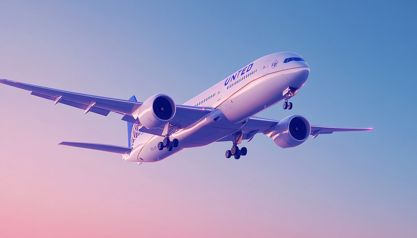 A vibrant and dynamic illustration of a United Airlines plane soaring through clear blue skies, symb