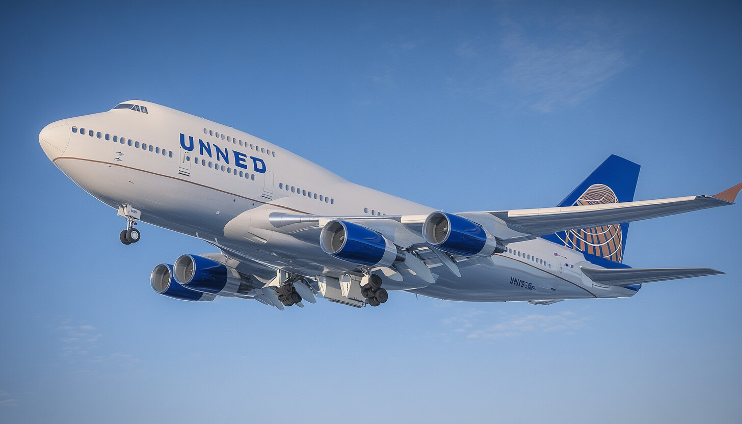 A vibrant and dynamic illustration of a United Airlines plane soaring through clear blue skies, symbolizing growth and success in the airline industry.