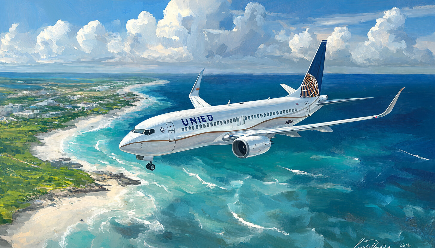 A vibrant and dynamic illustration of a United Airlines plane soaring through clear blue skies, symbolizing growth and success in the airline industry.