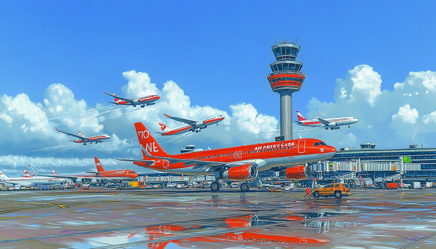 A dynamic image of a bustling airport with planes taking off, capturing the essence of record-breaki