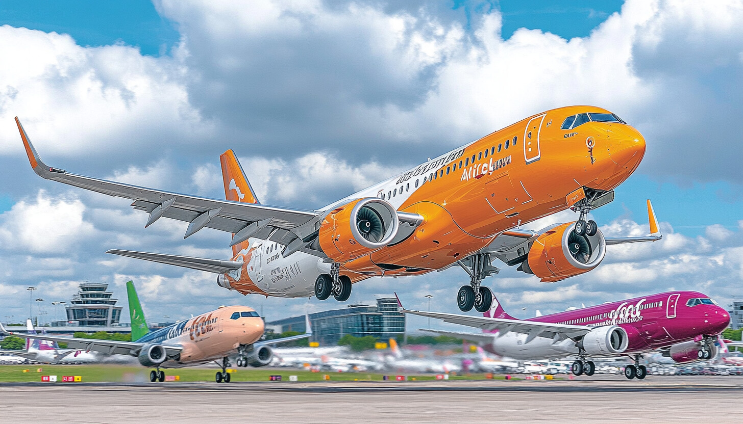 A dynamic image of a bustling airport with planes taking off, capturing the essence of record-breaking travel and the booming airline industry.