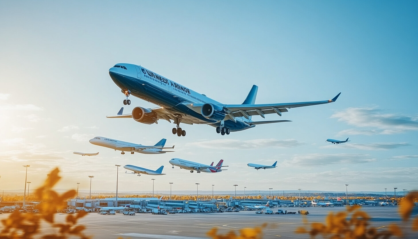 A dynamic image of a bustling airport with planes taking off, capturing the essence of record-breaking travel and the booming airline industry.