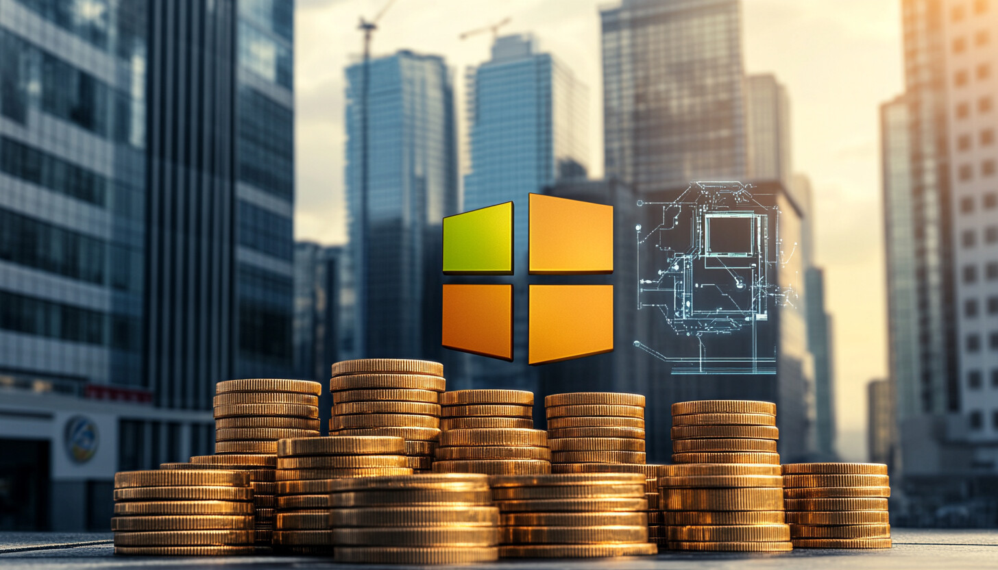 A sleek, modern illustration of Microsoft's logo with AI and commercial growth visuals, symbolizing innovation and forward-thinking investment.