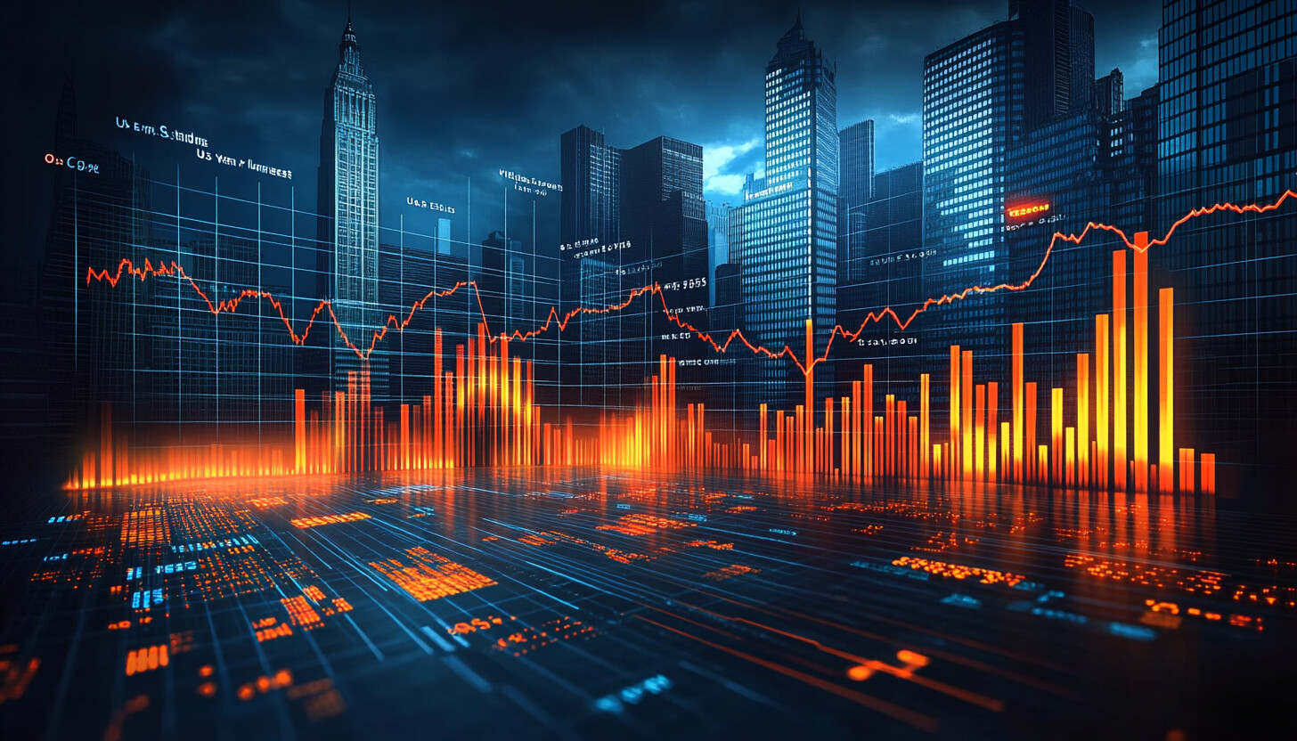 A sleek, modern illustration of Wall Street with dynamic charts and graphs representing declining US