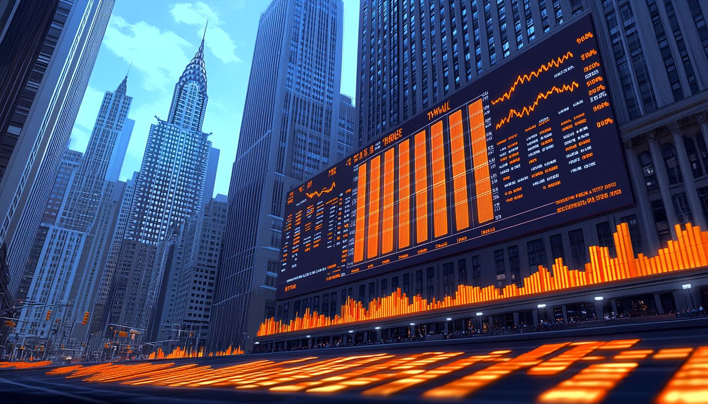 A sleek, modern illustration of Wall Street with dynamic charts and graphs representing declining US Treasury yields, set against a backdrop of iconic financial district skyscrapers.