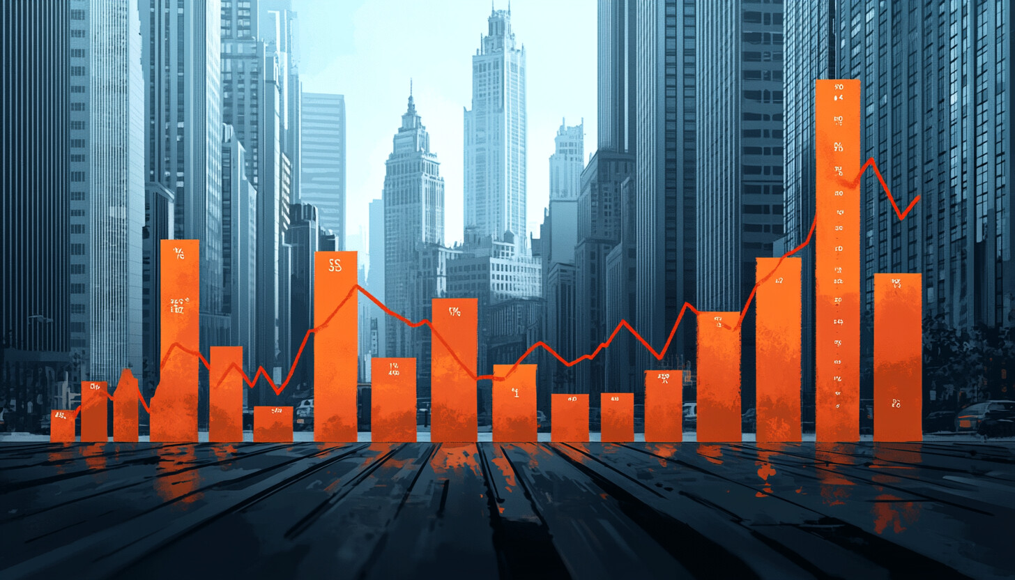 A sleek, modern illustration of Wall Street with dynamic charts and graphs representing declining US Treasury yields, set against a backdrop of iconic financial district skyscrapers.